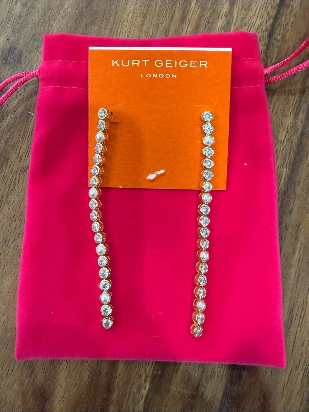 Kurt Geiger Gold Linear Crystal and Pearl Drop Earrings